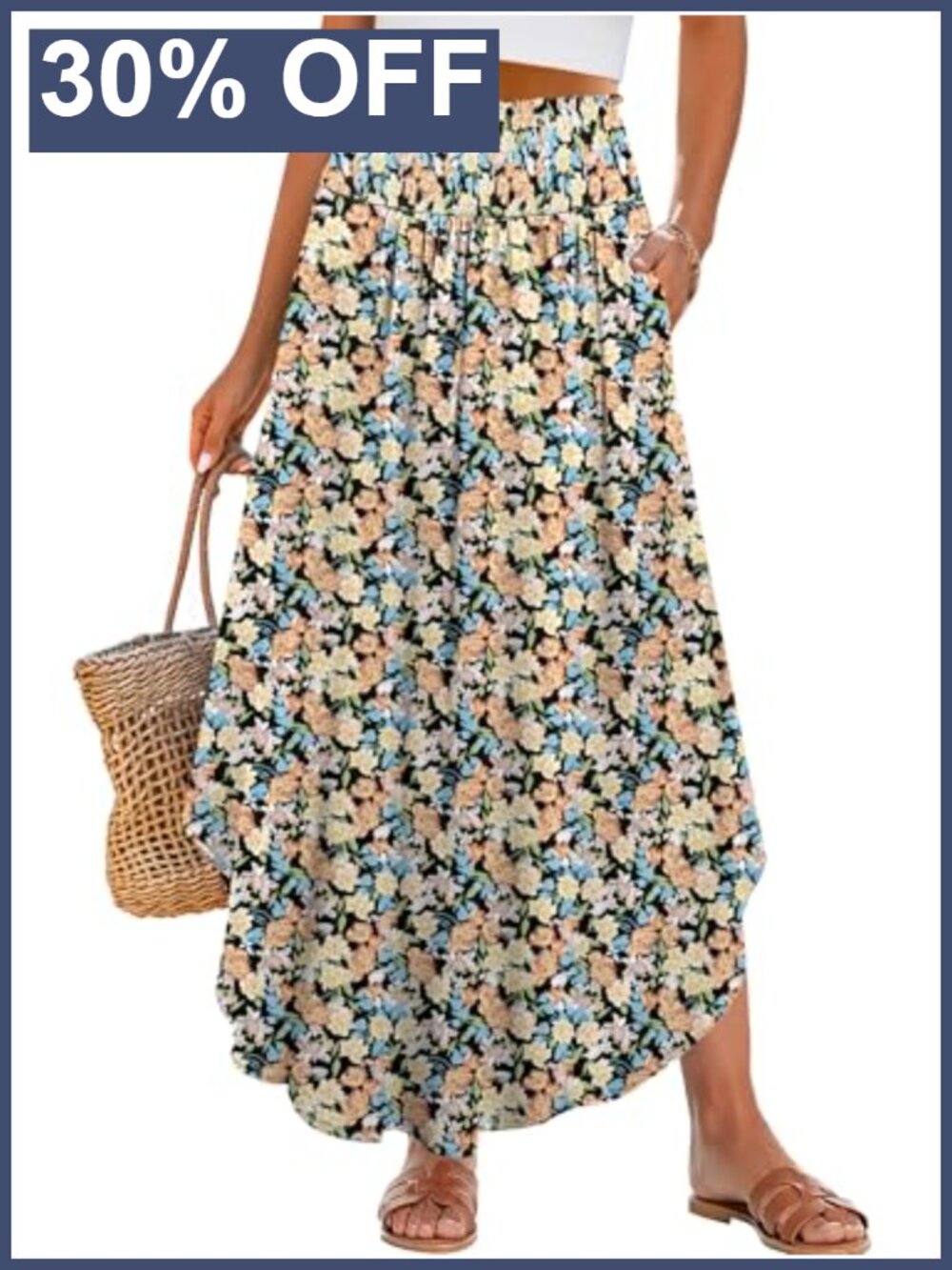 Women High Waist Floral Flowy Boho Maxi Skirt with Pockets Summer
